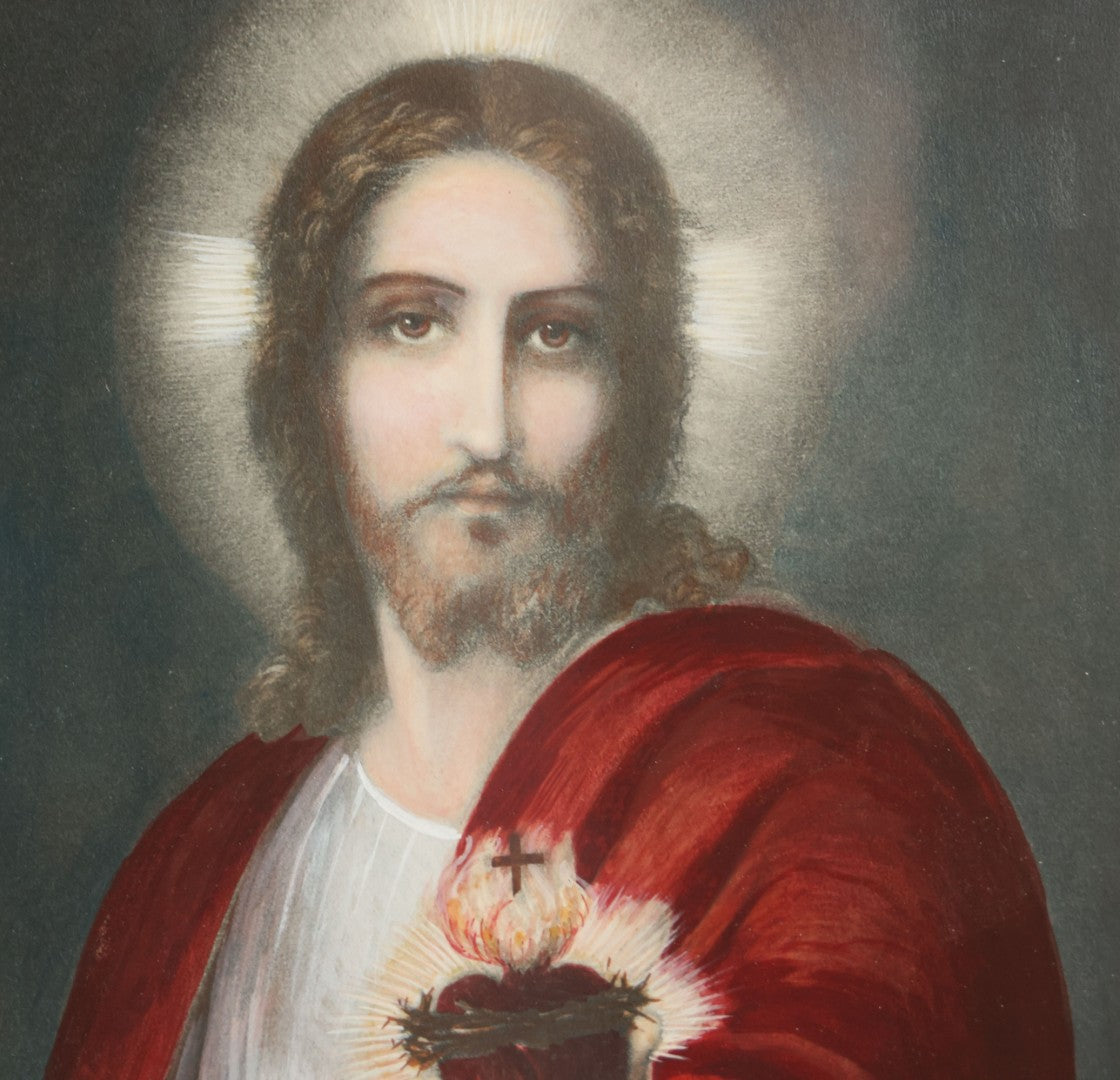 Lot 036 - Antique Hand Colored Print Of Jesus Christ Holding The Sacred Heart, Artist Signed Lower Left, Dated 1862, With Gold Mat And Gold Frame, 11-5/8" x 14-1/8"