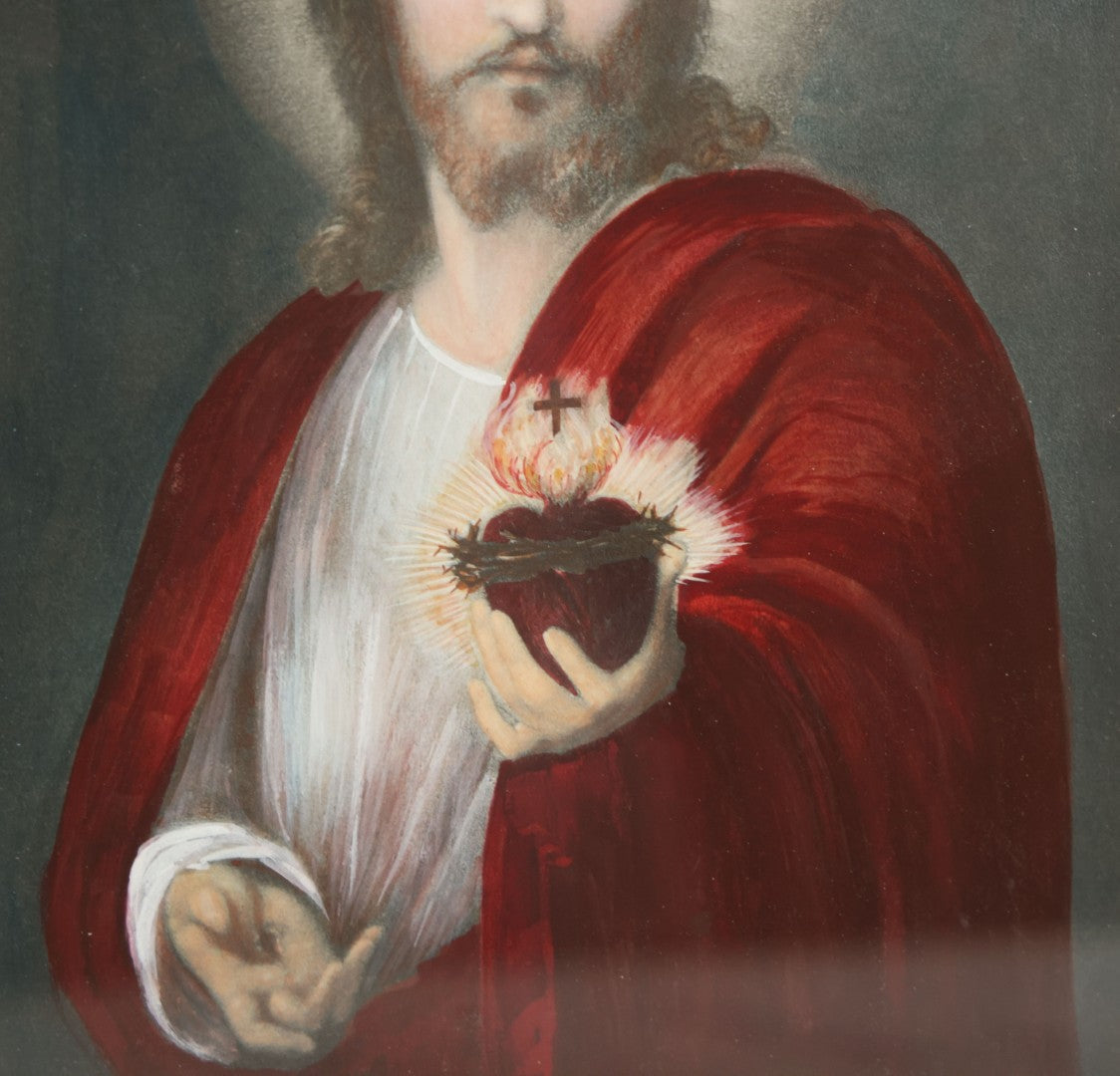 Lot 036 - Antique Hand Colored Print Of Jesus Christ Holding The Sacred Heart, Artist Signed Lower Left, Dated 1862, With Gold Mat And Gold Frame, 11-5/8" x 14-1/8"