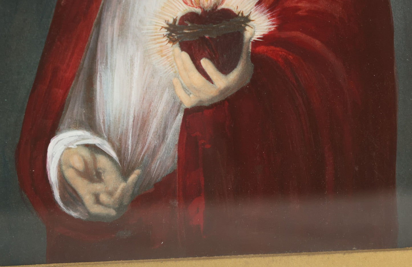 Lot 036 - Antique Hand Colored Print Of Jesus Christ Holding The Sacred Heart, Artist Signed Lower Left, Dated 1862, With Gold Mat And Gold Frame, 11-5/8" x 14-1/8"