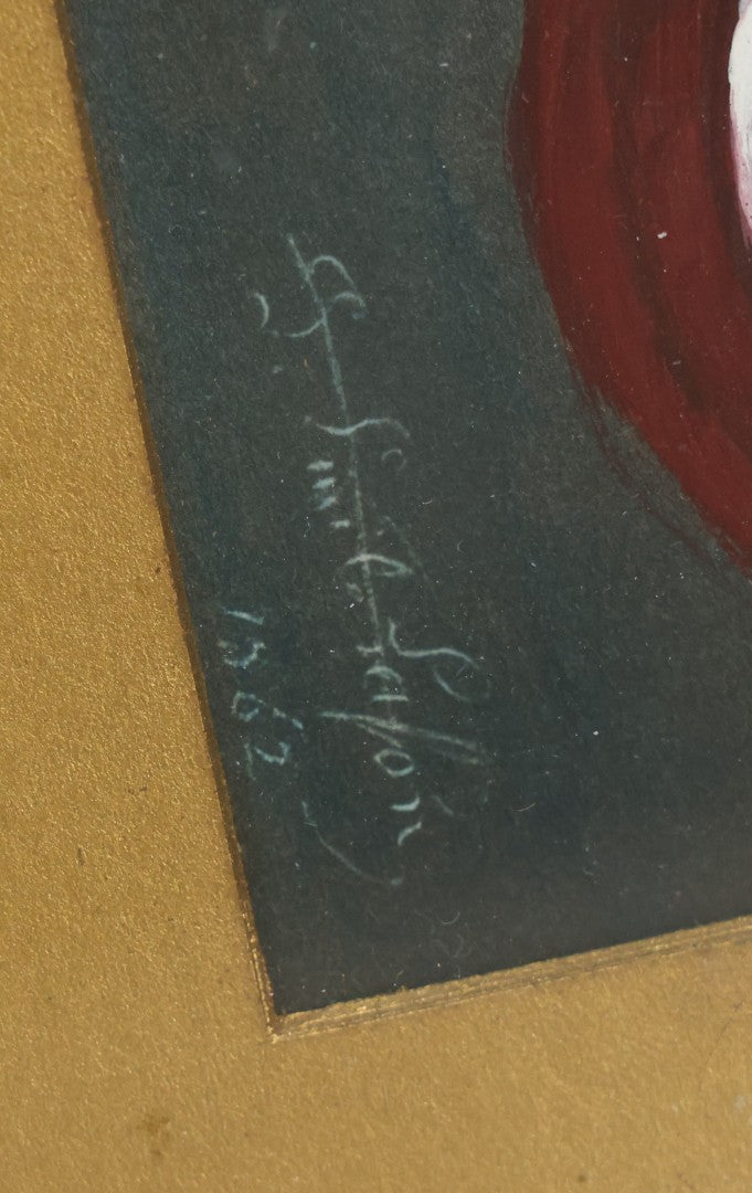 Lot 036 - Antique Hand Colored Print Of Jesus Christ Holding The Sacred Heart, Artist Signed Lower Left, Dated 1862, With Gold Mat And Gold Frame, 11-5/8" x 14-1/8"