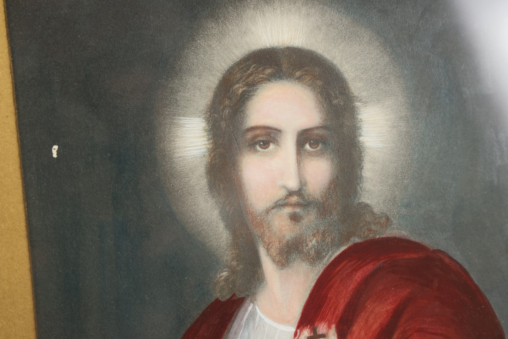 Lot 036 - Antique Hand Colored Print Of Jesus Christ Holding The Sacred Heart, Artist Signed Lower Left, Dated 1862, With Gold Mat And Gold Frame, 11-5/8" x 14-1/8"