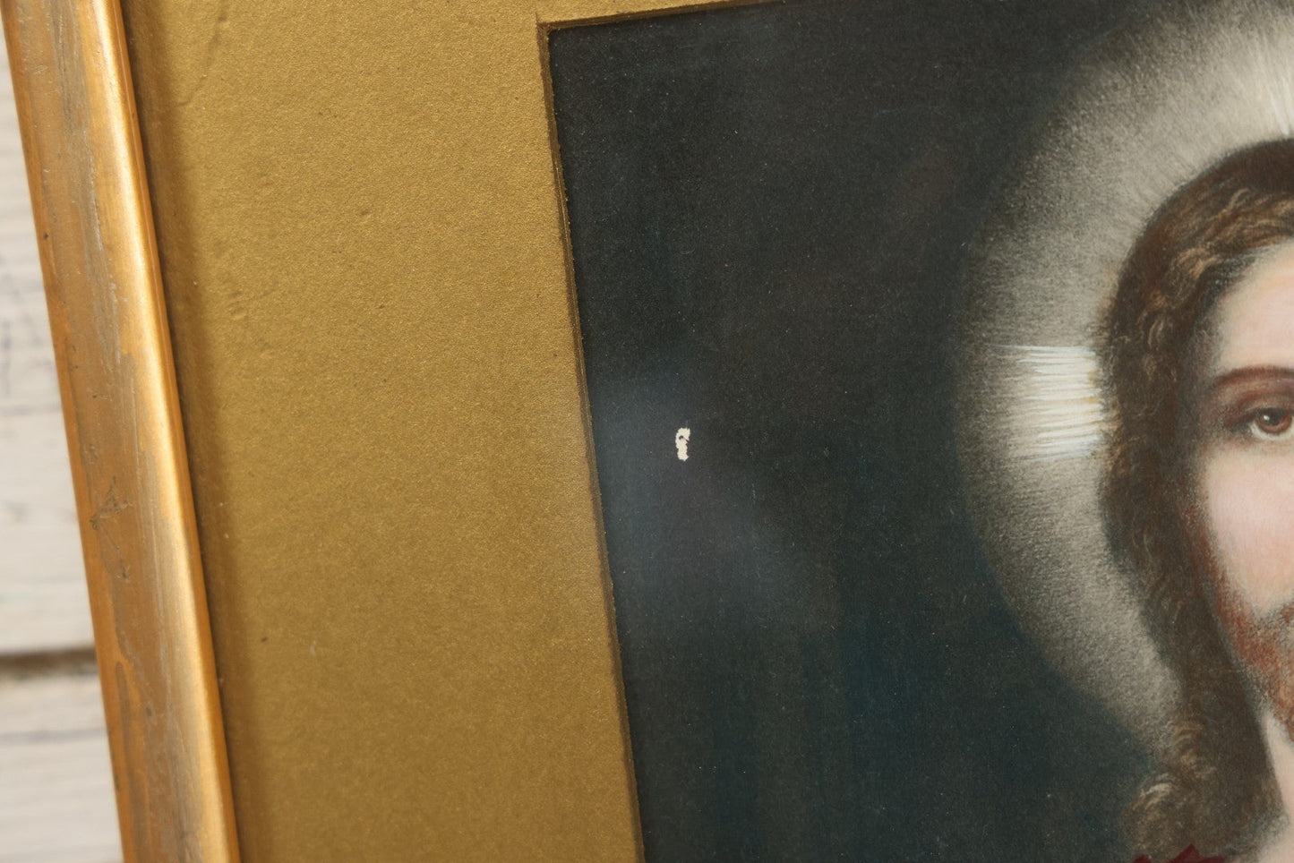 Lot 036 - Antique Hand Colored Print Of Jesus Christ Holding The Sacred Heart, Artist Signed Lower Left, Dated 1862, With Gold Mat And Gold Frame, 11-5/8" x 14-1/8"