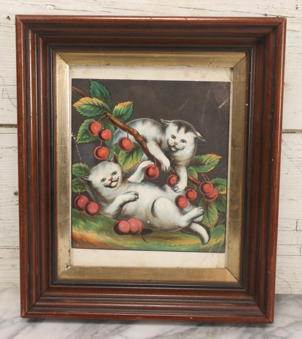 Lot 038 - Antique Chromolithograph Print Of Two Playful Cats In Cherry Tree In Deep Period Frame, 11-3/4" x 13-3/4"