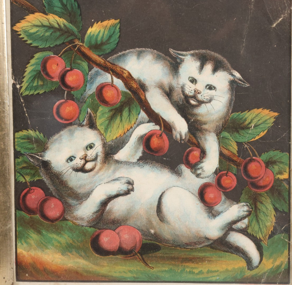 Lot 038 - Antique Chromolithograph Print Of Two Playful Cats In Cherry Tree In Deep Period Frame, 11-3/4" x 13-3/4"