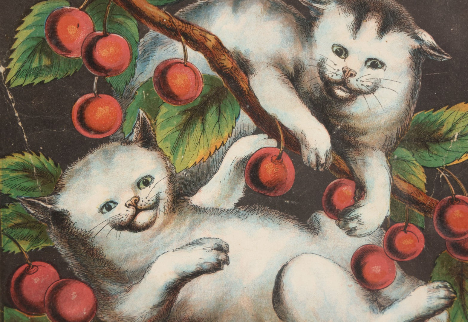Lot 038 - Antique Chromolithograph Print Of Two Playful Cats In Cherry Tree In Deep Period Frame, 11-3/4" x 13-3/4"