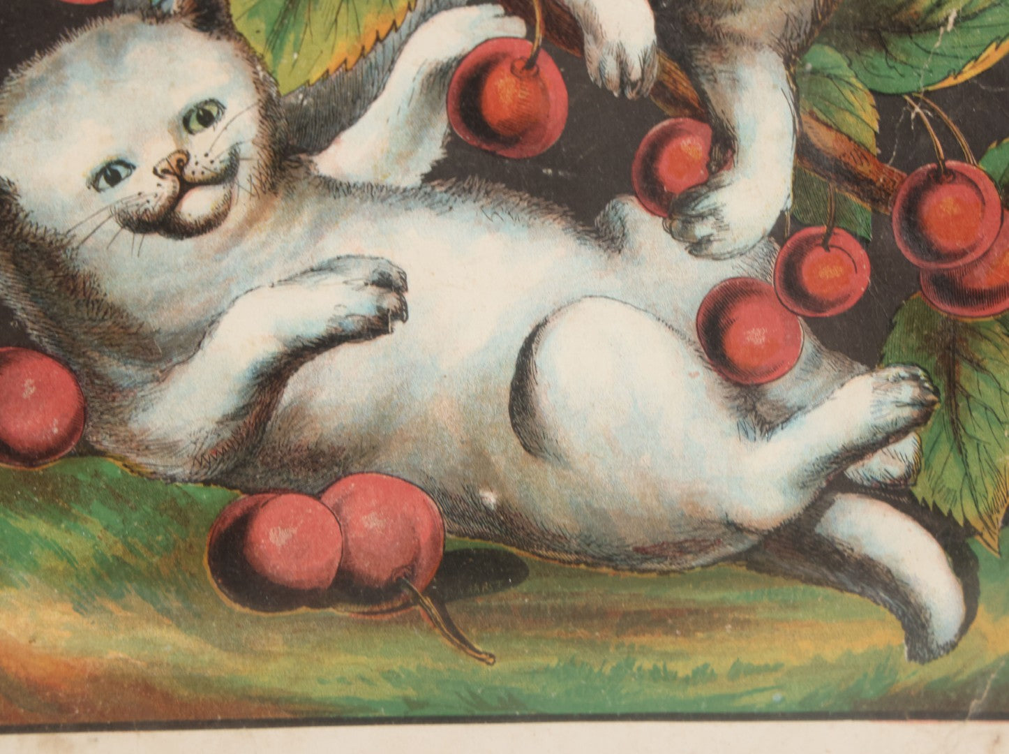 Lot 038 - Antique Chromolithograph Print Of Two Playful Cats In Cherry Tree In Deep Period Frame, 11-3/4" x 13-3/4"
