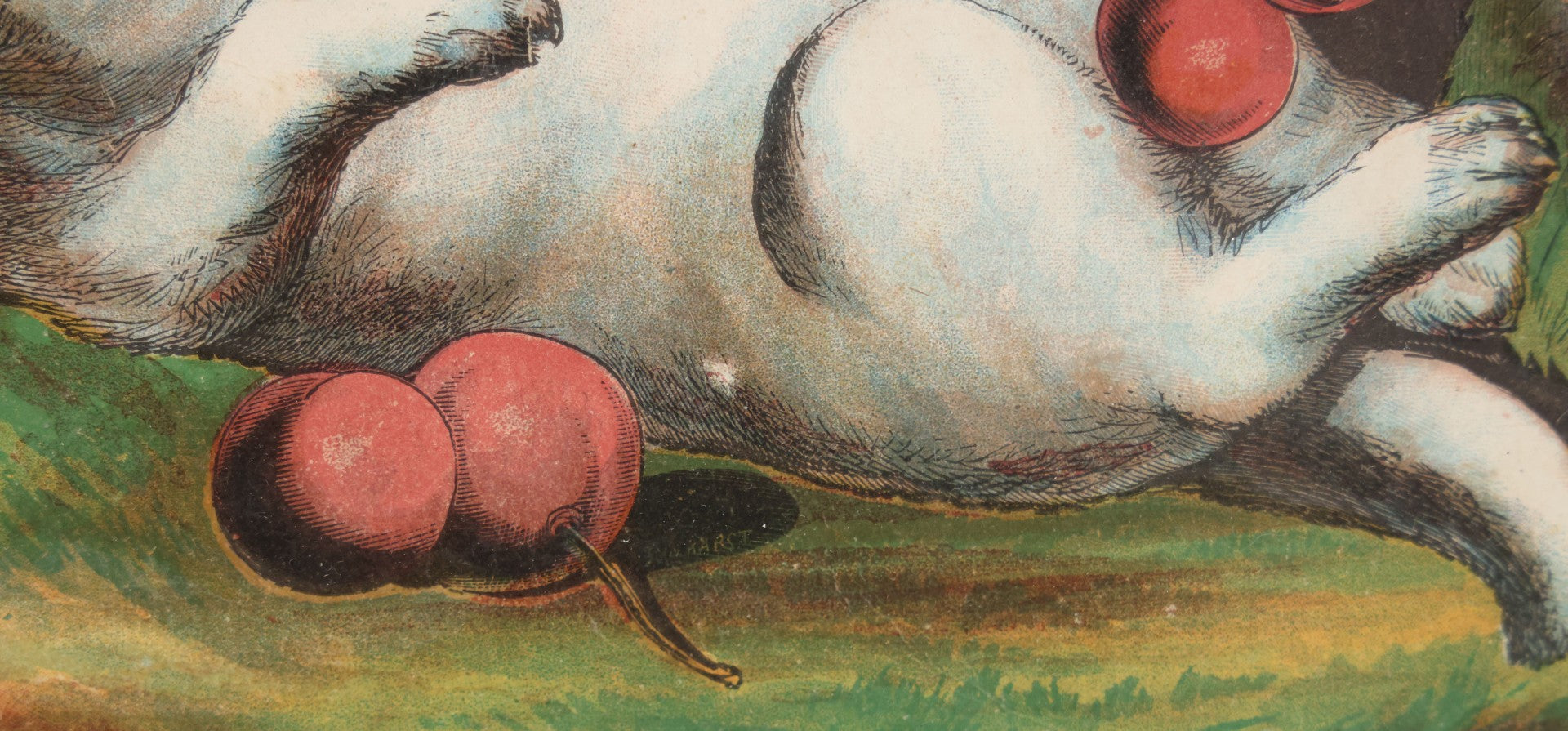 Lot 038 - Antique Chromolithograph Print Of Two Playful Cats In Cherry Tree In Deep Period Frame, 11-3/4" x 13-3/4"