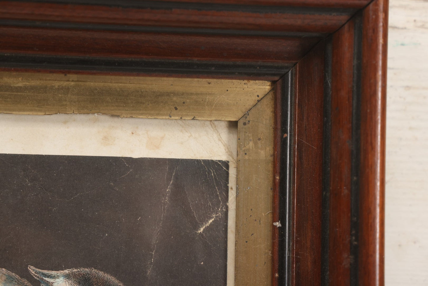 Lot 038 - Antique Chromolithograph Print Of Two Playful Cats In Cherry Tree In Deep Period Frame, 11-3/4" x 13-3/4"