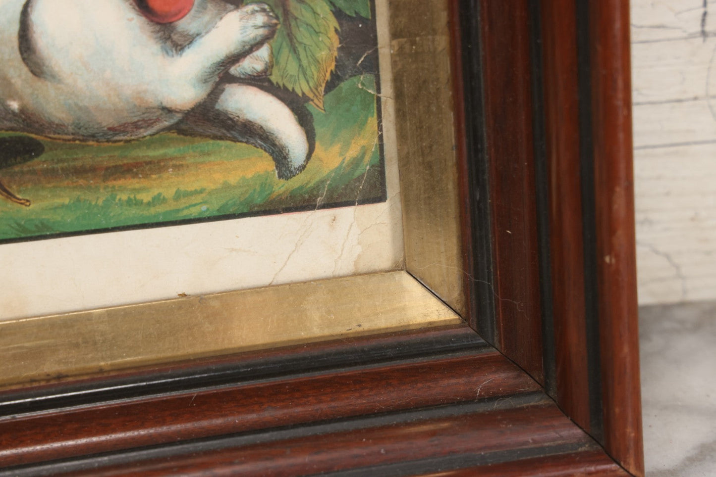 Lot 038 - Antique Chromolithograph Print Of Two Playful Cats In Cherry Tree In Deep Period Frame, 11-3/4" x 13-3/4"