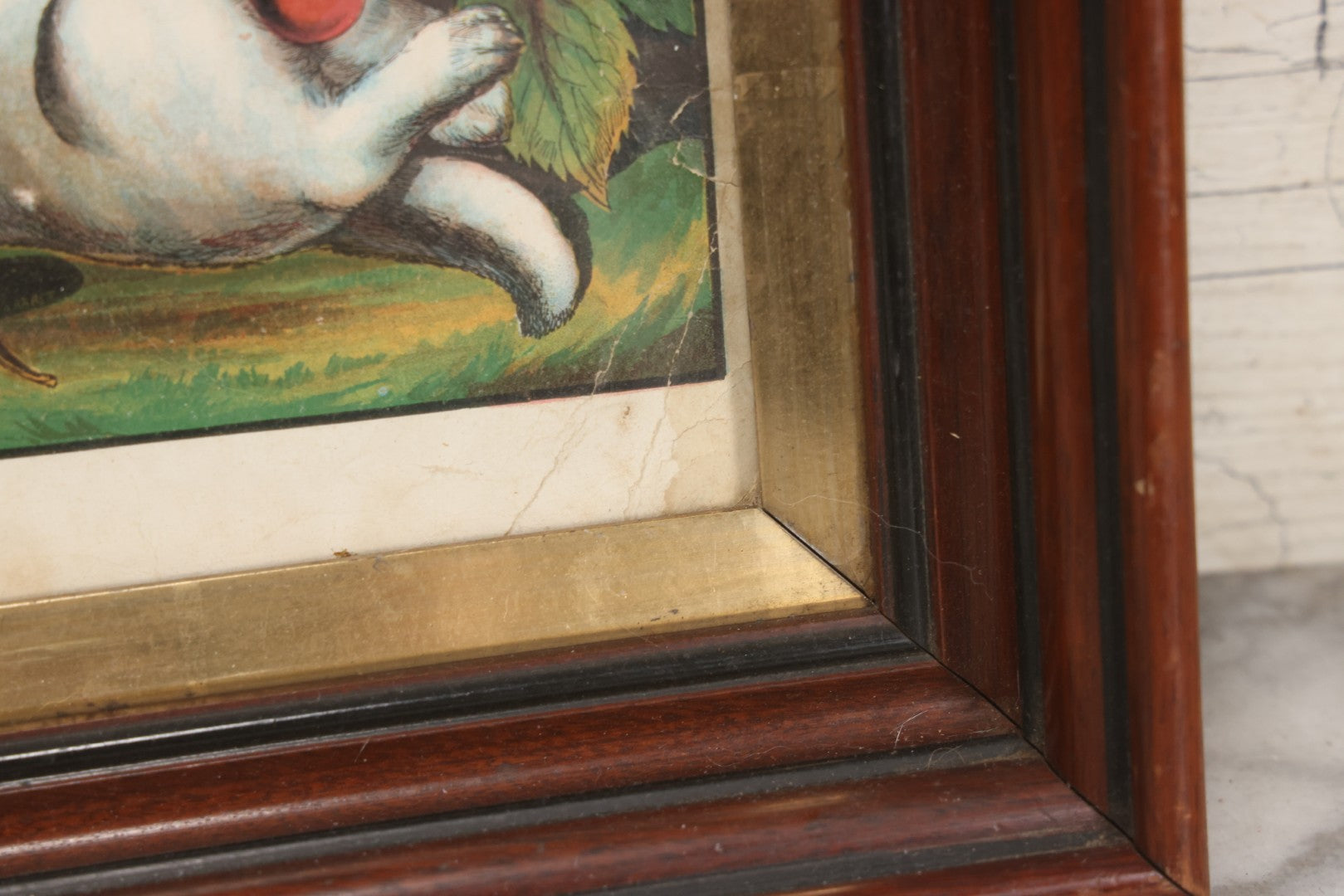 Lot 038 - Antique Chromolithograph Print Of Two Playful Cats In Cherry Tree In Deep Period Frame, 11-3/4" x 13-3/4"