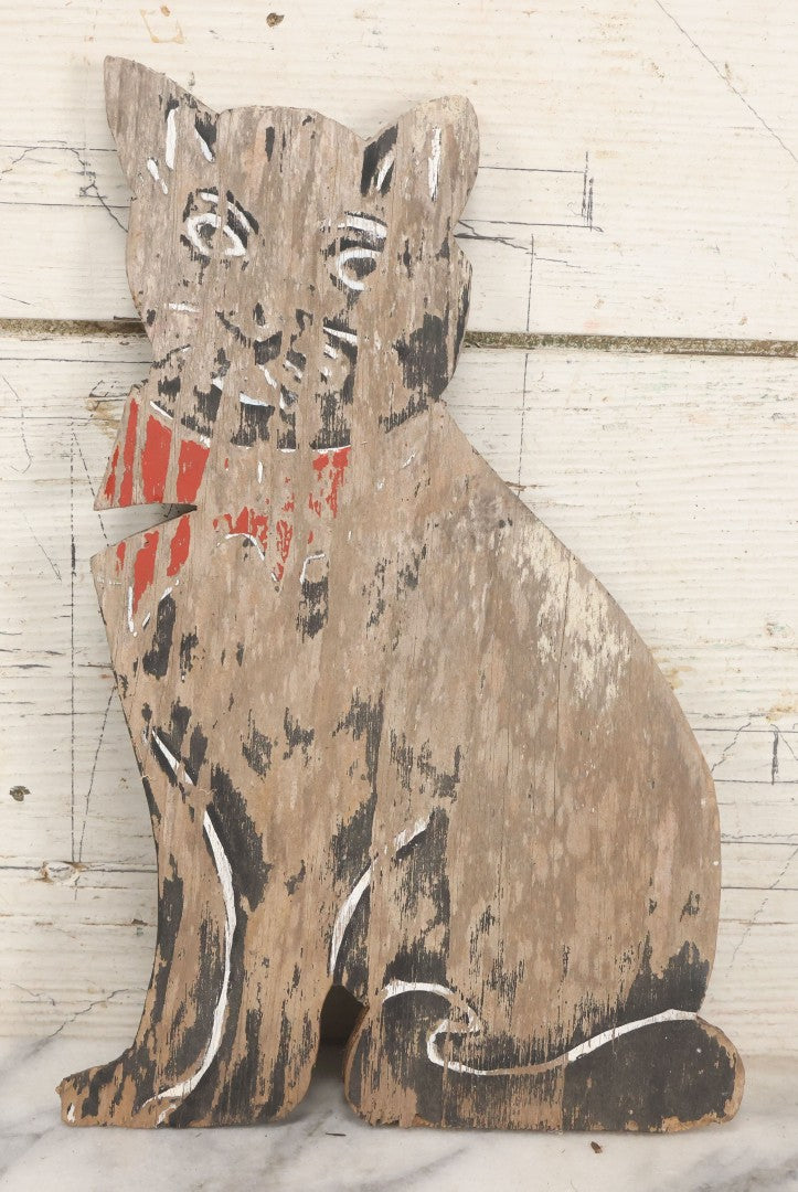 Lot 040 - Vintage Folk Art Hand Painted Black Cat With Red Bowtie Wood Lawn Ornament Cutout, With Remnants Of Original Paint, As Found