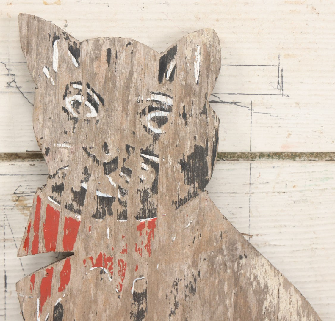 Lot 040 - Vintage Folk Art Hand Painted Black Cat With Red Bowtie Wood Lawn Ornament Cutout, With Remnants Of Original Paint, As Found