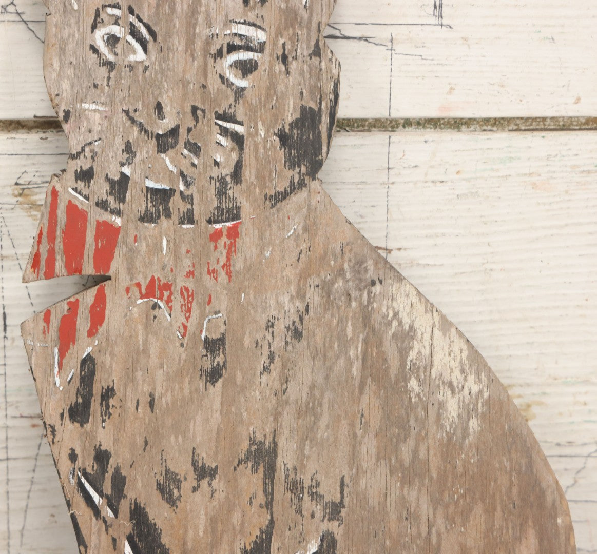 Lot 040 - Vintage Folk Art Hand Painted Black Cat With Red Bowtie Wood Lawn Ornament Cutout, With Remnants Of Original Paint, As Found