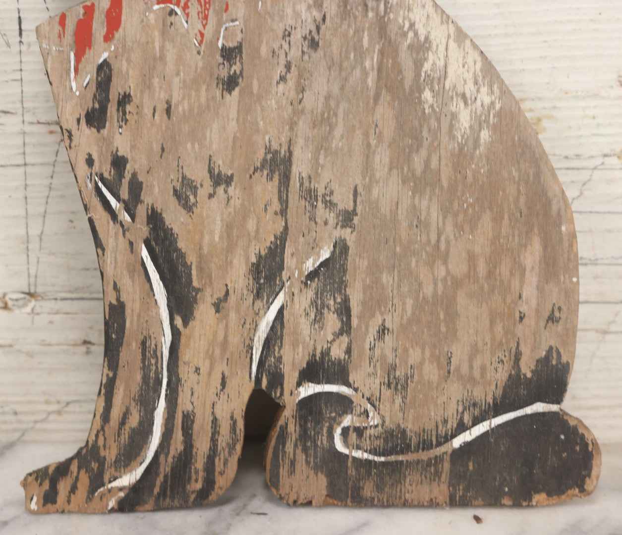 Lot 040 - Vintage Folk Art Hand Painted Black Cat With Red Bowtie Wood Lawn Ornament Cutout, With Remnants Of Original Paint, As Found