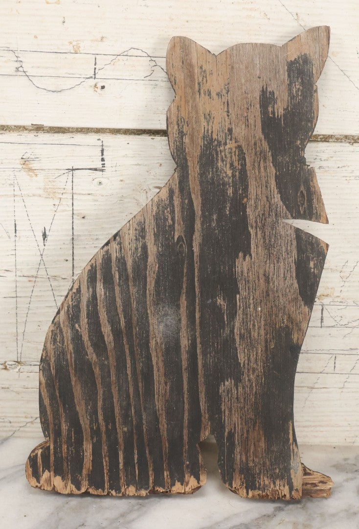 Lot 040 - Vintage Folk Art Hand Painted Black Cat With Red Bowtie Wood Lawn Ornament Cutout, With Remnants Of Original Paint, As Found