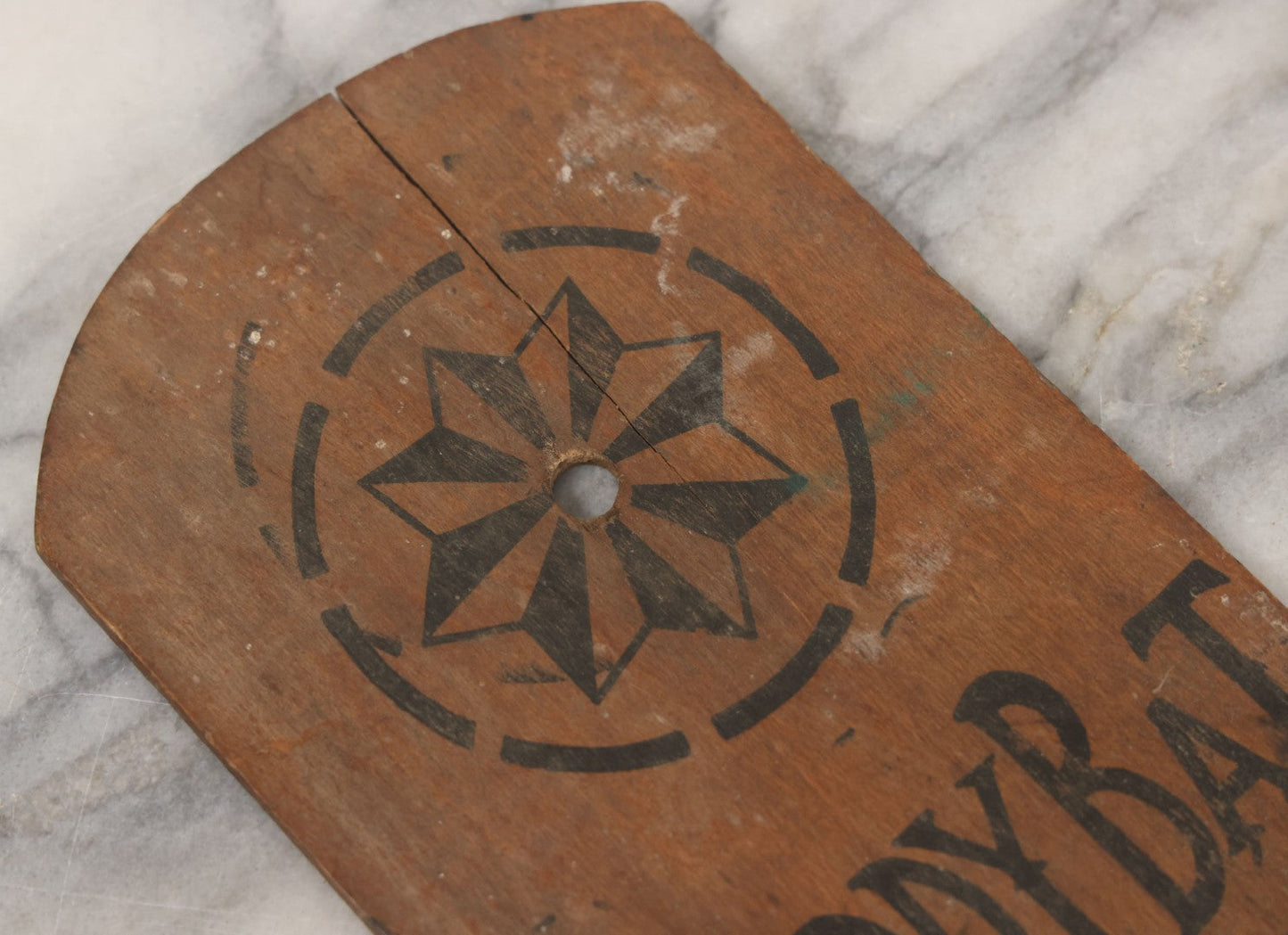 Lot 041 - Antique Wooden "Kiddy Bat" Game Paddle For Rubber Balls With Eight Pointed Star Geometric Design, Original Red Painted Handle, Note Vertical Crack At Top
