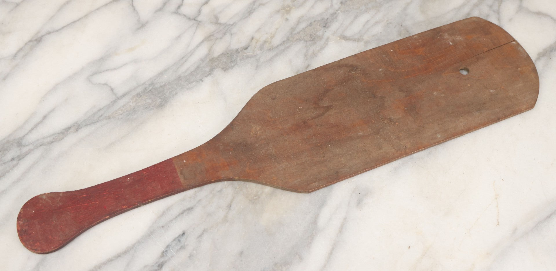 Lot 041 - Antique Wooden "Kiddy Bat" Game Paddle For Rubber Balls With Eight Pointed Star Geometric Design, Original Red Painted Handle, Note Vertical Crack At Top