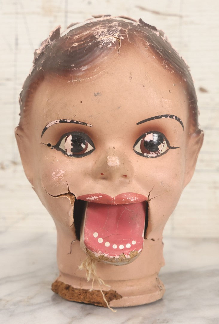 Lot 045 - Vintage Charlie Mccarthy Composition Ventriloquist Dummy Doll Head, Back Stamped K & S, With Severely Chipped Paint, Note Mouth Is Loose