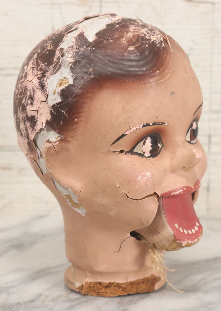 Lot 045 - Vintage Charlie Mccarthy Composition Ventriloquist Dummy Doll Head, Back Stamped K & S, With Severely Chipped Paint, Note Mouth Is Loose
