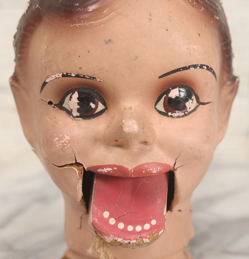 Lot 045 - Vintage Charlie Mccarthy Composition Ventriloquist Dummy Doll Head, Back Stamped K & S, With Severely Chipped Paint, Note Mouth Is Loose