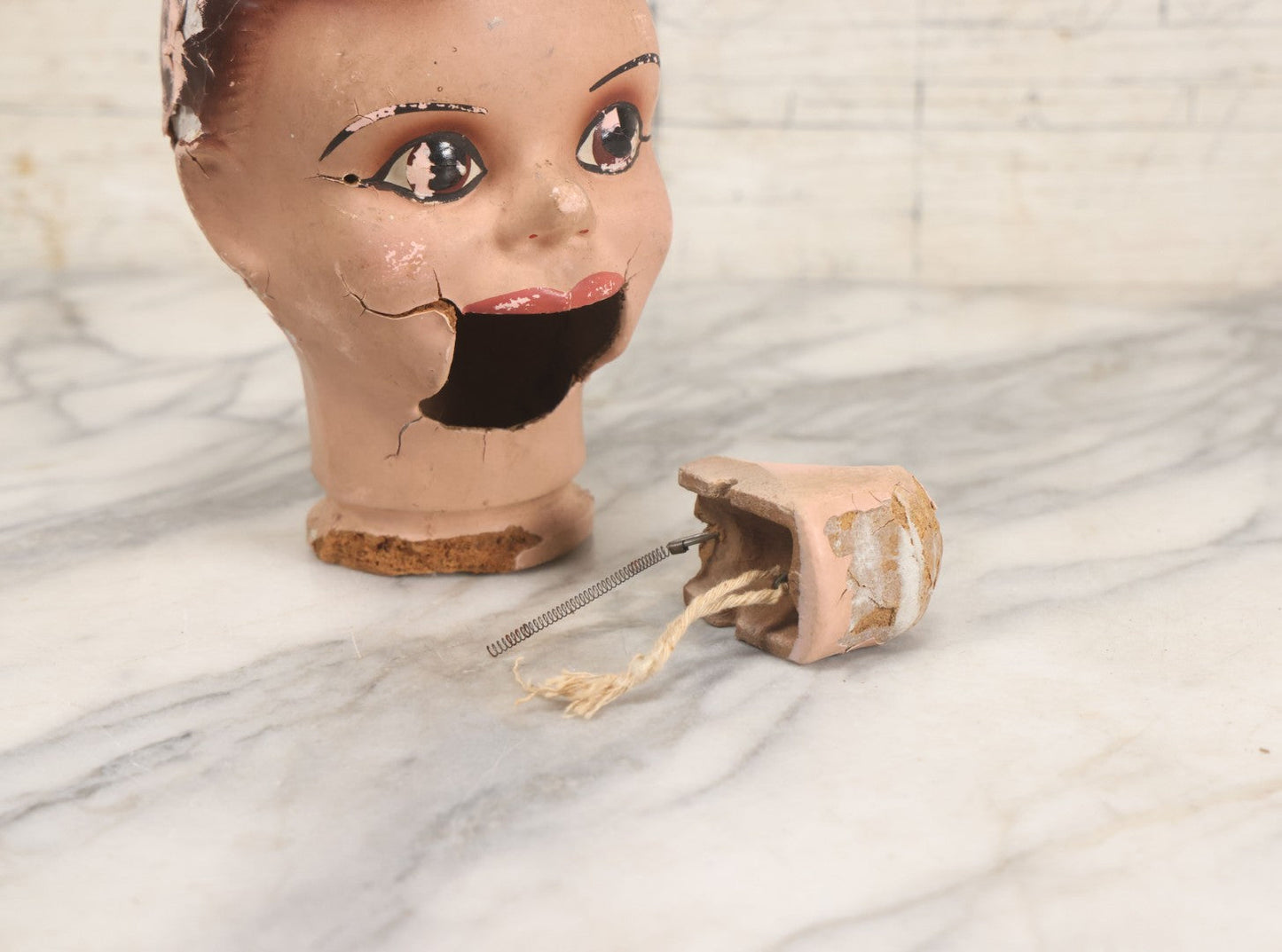 Lot 045 - Vintage Charlie Mccarthy Composition Ventriloquist Dummy Doll Head, Back Stamped K & S, With Severely Chipped Paint, Note Mouth Is Loose