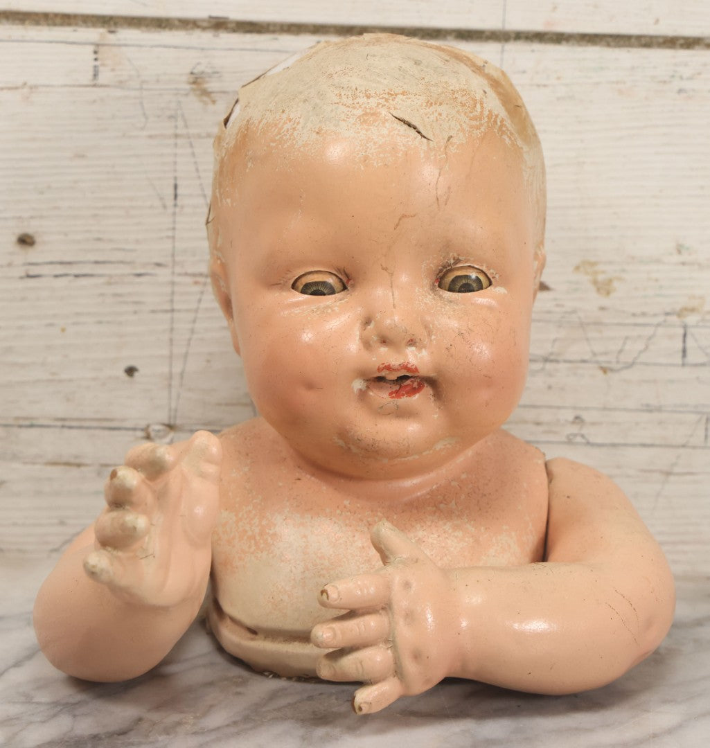 Lot 046 - Vintage Composition Baby Doll Upper Body And Head With Jointed Arms, Note Severe Composition Chipping And Paint Loss