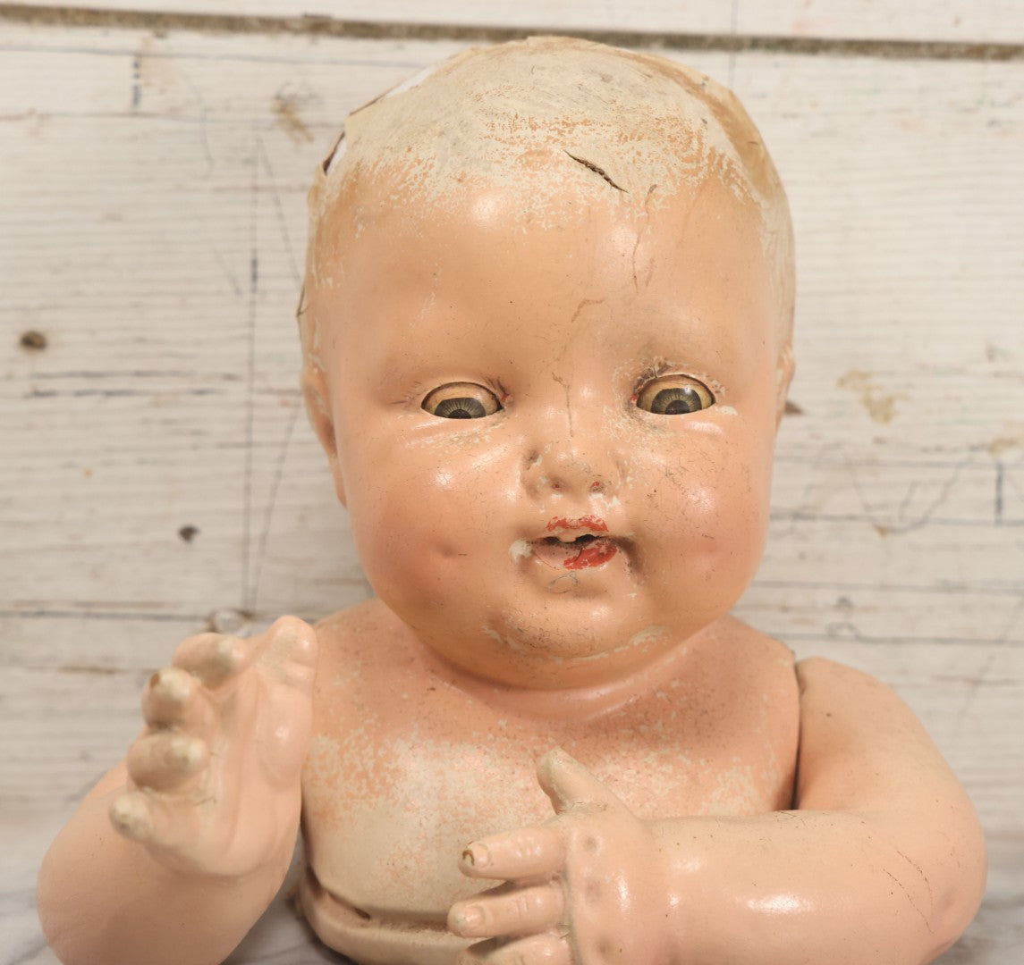 Lot 046 - Vintage Composition Baby Doll Upper Body And Head With Jointed Arms, Note Severe Composition Chipping And Paint Loss