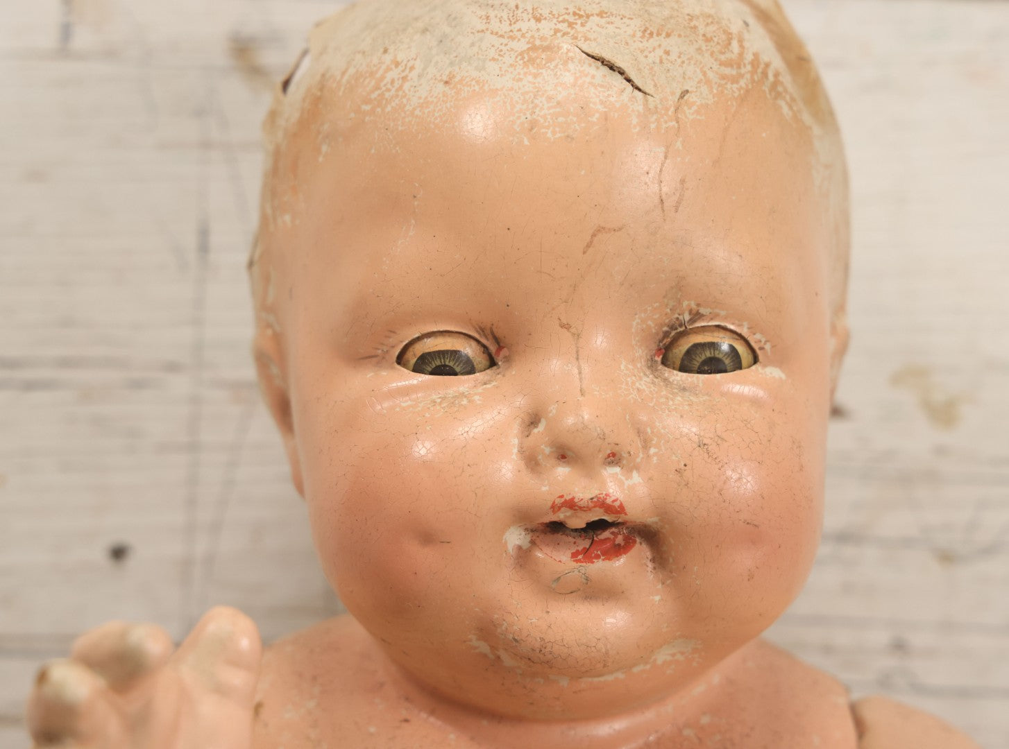 Lot 046 - Vintage Composition Baby Doll Upper Body And Head With Jointed Arms, Note Severe Composition Chipping And Paint Loss