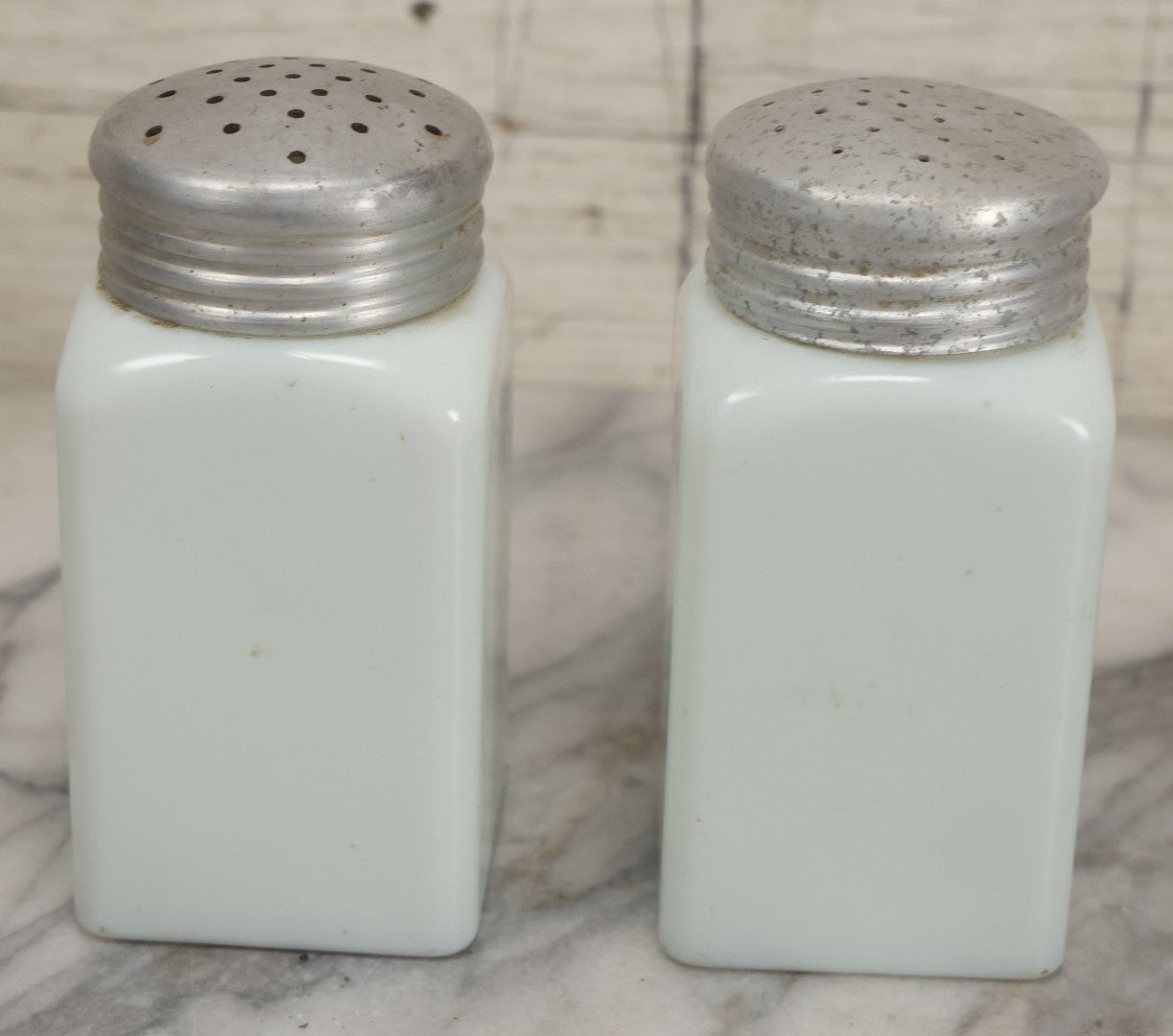 Lot 048 - Vintage Mid Century Milk Glass Salt And Pepper Shakers With Tin Lids And Black Lettering, 4-7/8" Height Each