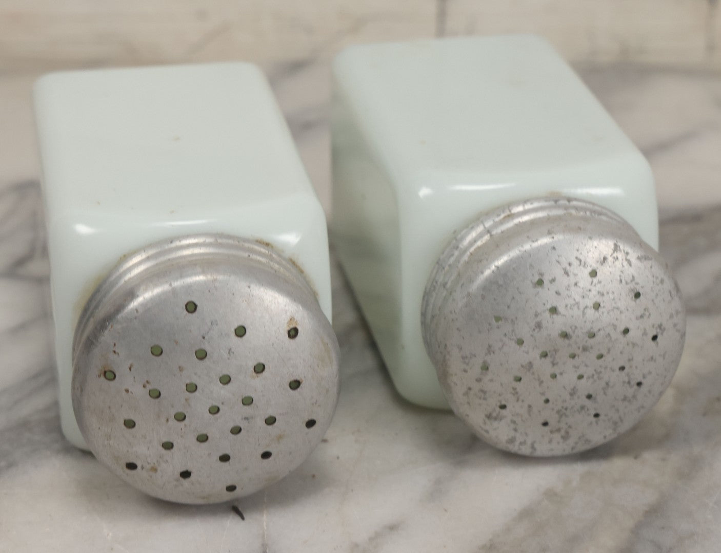 Lot 048 - Vintage Mid Century Milk Glass Salt And Pepper Shakers With Tin Lids And Black Lettering, 4-7/8" Height Each