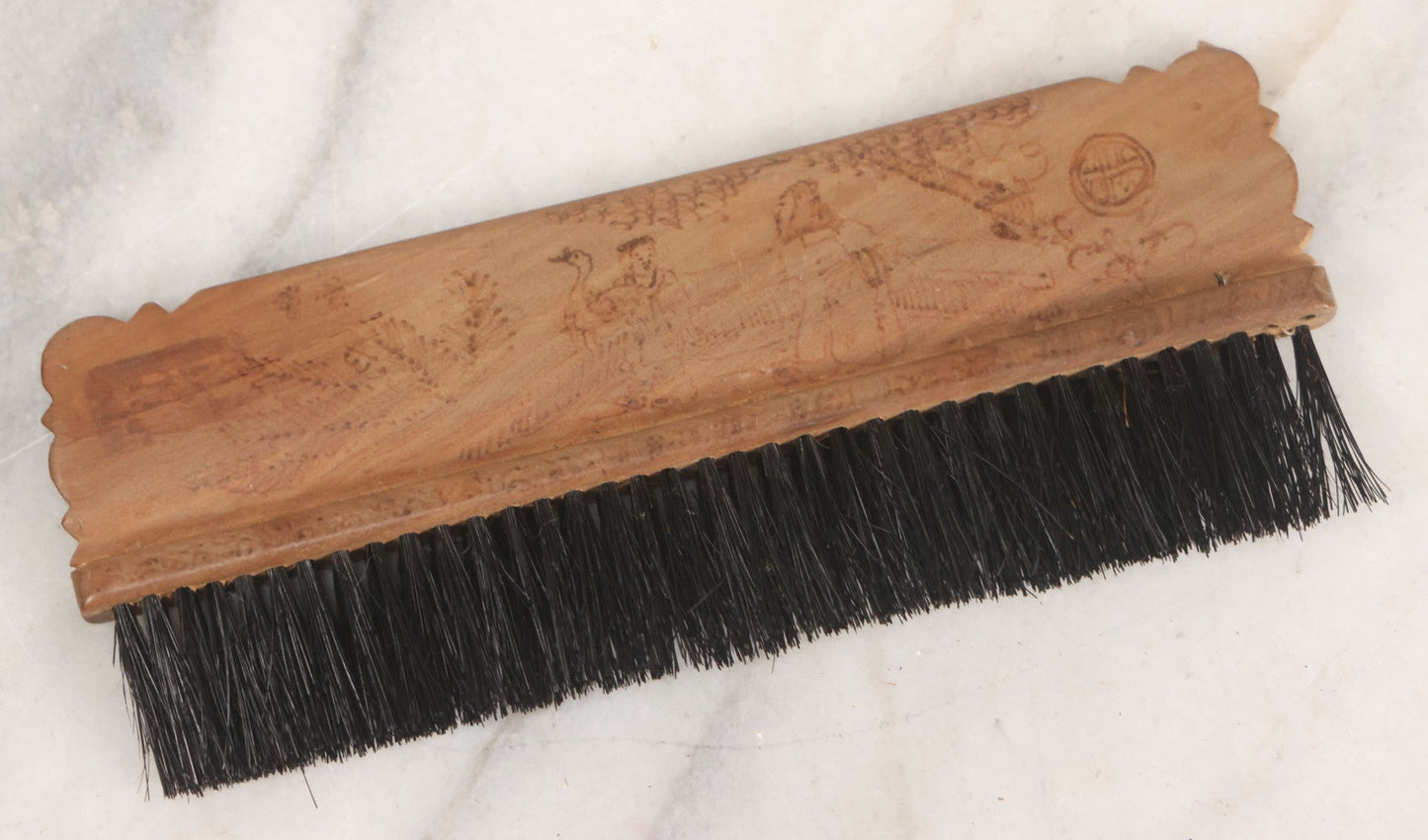 Lot 050 - Antique Folk Art Pyrography Wood Burned Wooden Handled Brush With Custom Decoration Of Young Man Holding A Large Goose, And A Bird On A Branch