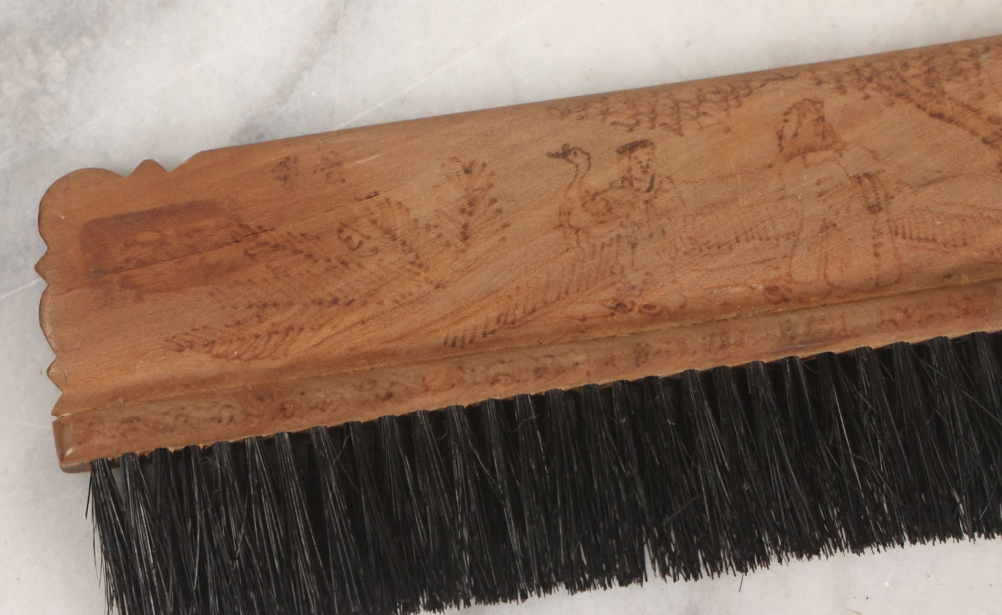 Lot 050 - Antique Folk Art Pyrography Wood Burned Wooden Handled Brush With Custom Decoration Of Young Man Holding A Large Goose, And A Bird On A Branch