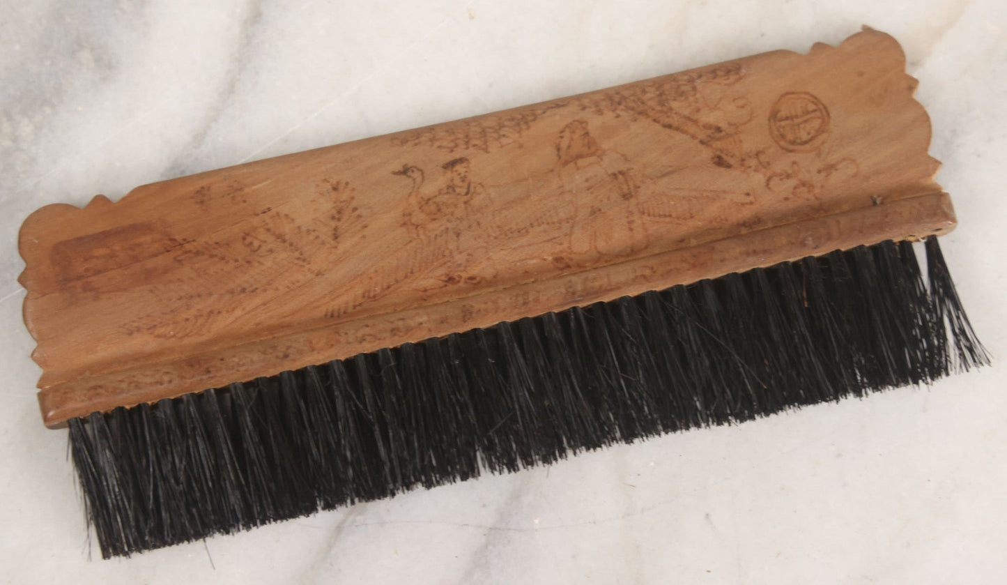 Lot 050 - Antique Folk Art Pyrography Wood Burned Wooden Handled Brush With Custom Decoration Of Young Man Holding A Large Goose, And A Bird On A Branch