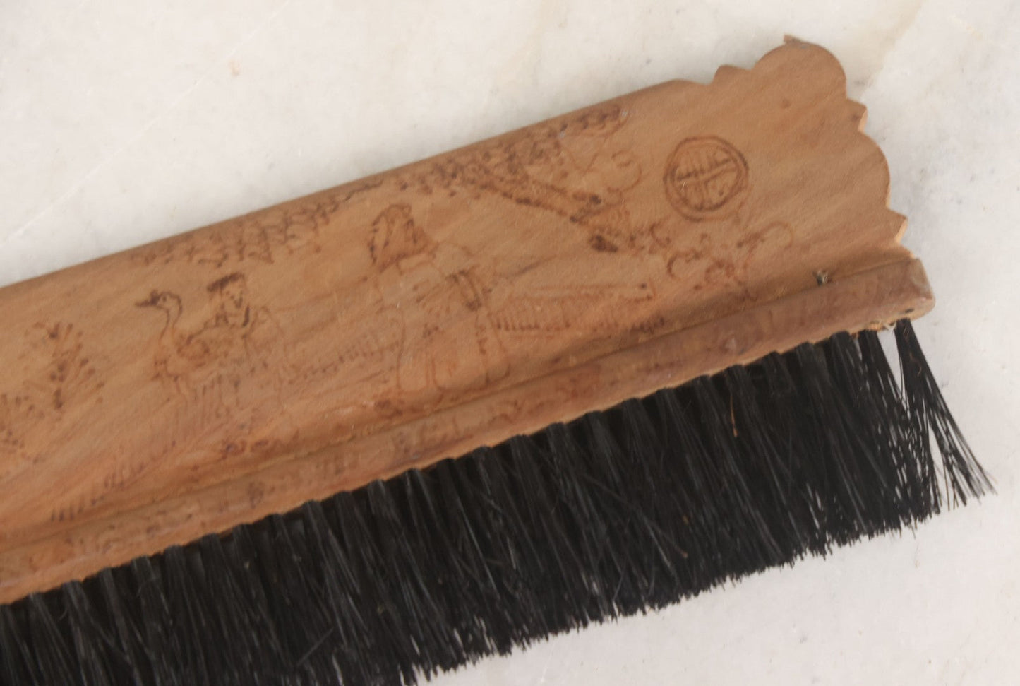 Lot 050 - Antique Folk Art Pyrography Wood Burned Wooden Handled Brush With Custom Decoration Of Young Man Holding A Large Goose, And A Bird On A Branch