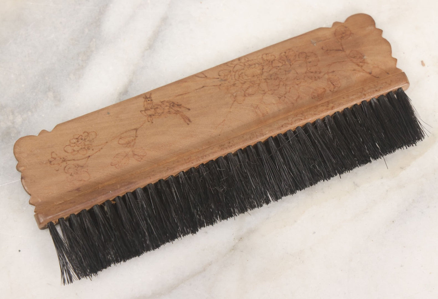 Lot 050 - Antique Folk Art Pyrography Wood Burned Wooden Handled Brush With Custom Decoration Of Young Man Holding A Large Goose, And A Bird On A Branch