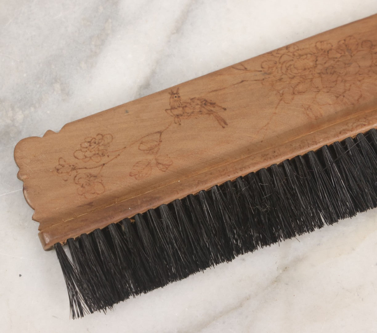 Lot 050 - Antique Folk Art Pyrography Wood Burned Wooden Handled Brush With Custom Decoration Of Young Man Holding A Large Goose, And A Bird On A Branch