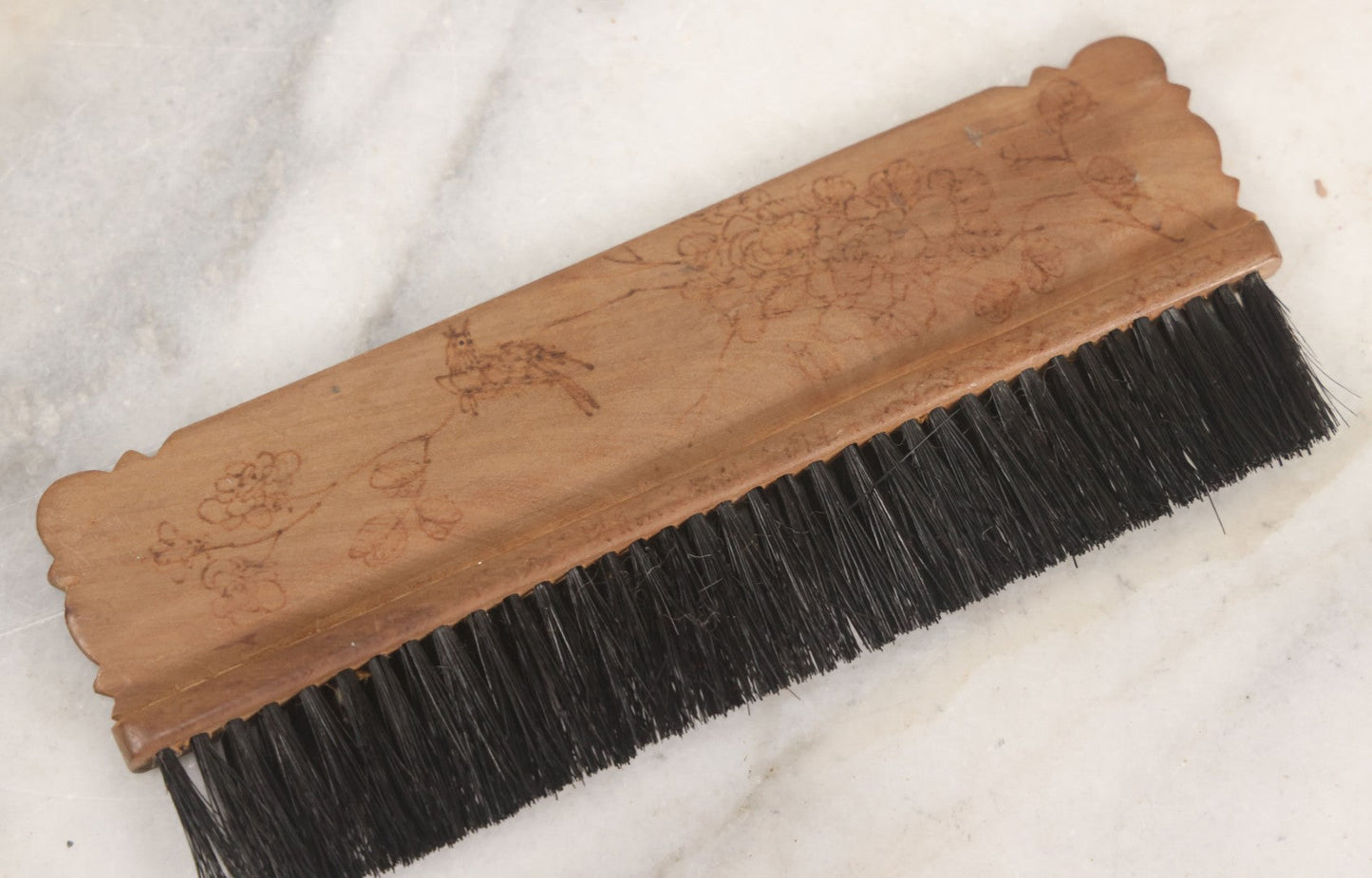 Lot 050 - Antique Folk Art Pyrography Wood Burned Wooden Handled Brush With Custom Decoration Of Young Man Holding A Large Goose, And A Bird On A Branch