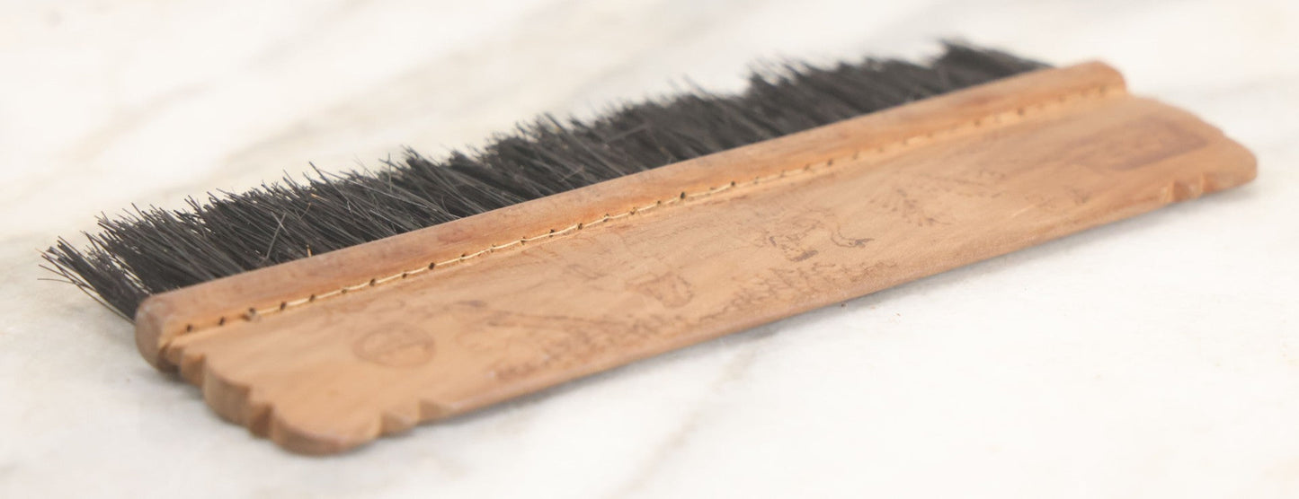 Lot 050 - Antique Folk Art Pyrography Wood Burned Wooden Handled Brush With Custom Decoration Of Young Man Holding A Large Goose, And A Bird On A Branch