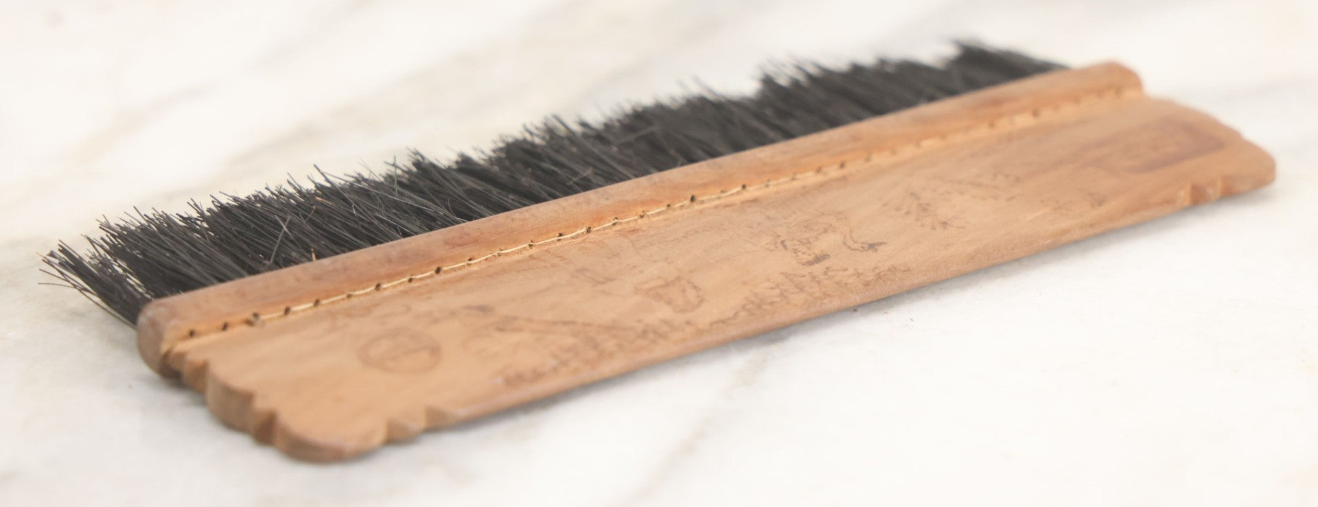 Lot 050 - Antique Folk Art Pyrography Wood Burned Wooden Handled Brush With Custom Decoration Of Young Man Holding A Large Goose, And A Bird On A Branch