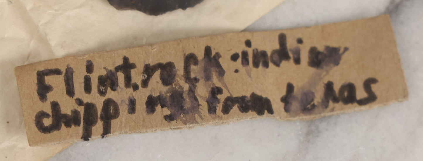 Lot 054 - Five Piece Grouping Of Indigenous Native American Indian Arrowheads And Tools With Handwritten And Typewritten Notations