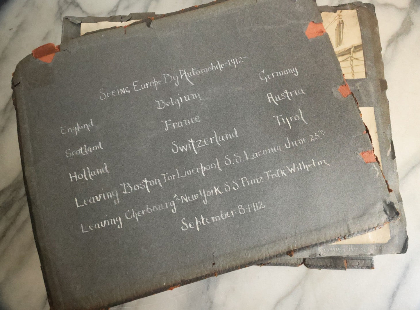 Lot 055 - Antique Snapshot Photo Album, Titled "Seeing Europe By Automobile, 1912" Well-Documented Album Containing 175+ Photographs Including Transatlantic Ocean Trip And Tour Of Europe With Dozens Of Handwritten Captions, Note Cover Detached