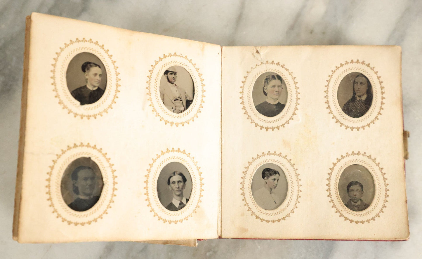 Lot 057 - Antique Gem Tintype Photo Album With 91 Tintype Photographs Of Men, Women And Children, Handwritten Note States "From The Colby Home On Colby Road"