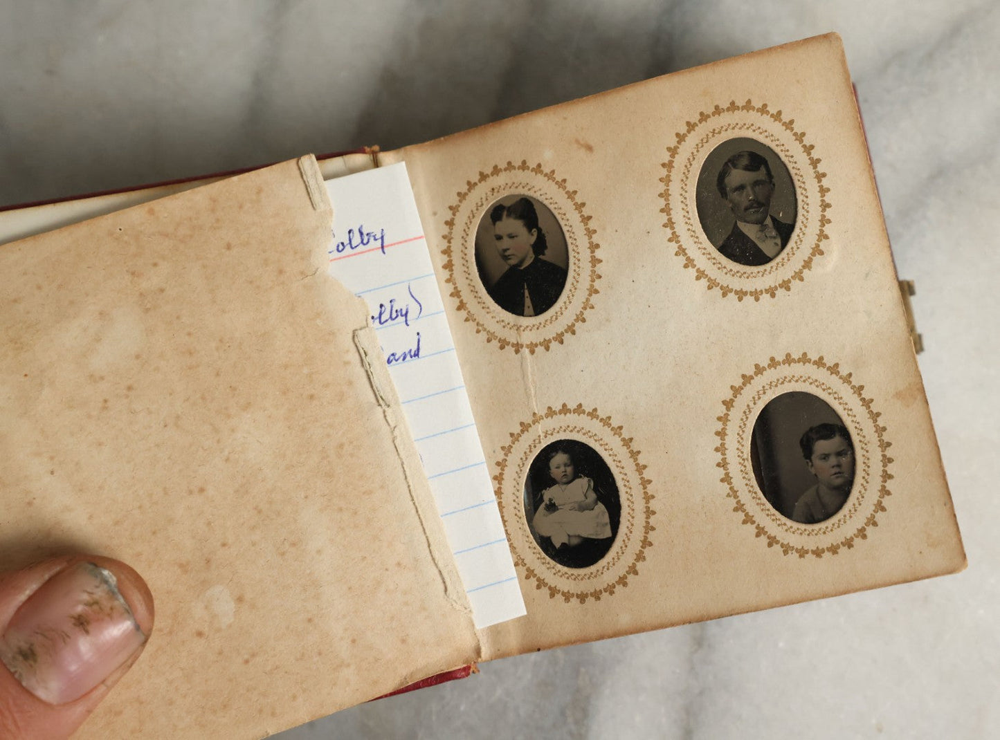 Lot 057 - Antique Gem Tintype Photo Album With 91 Tintype Photographs Of Men, Women And Children, Handwritten Note States "From The Colby Home On Colby Road"