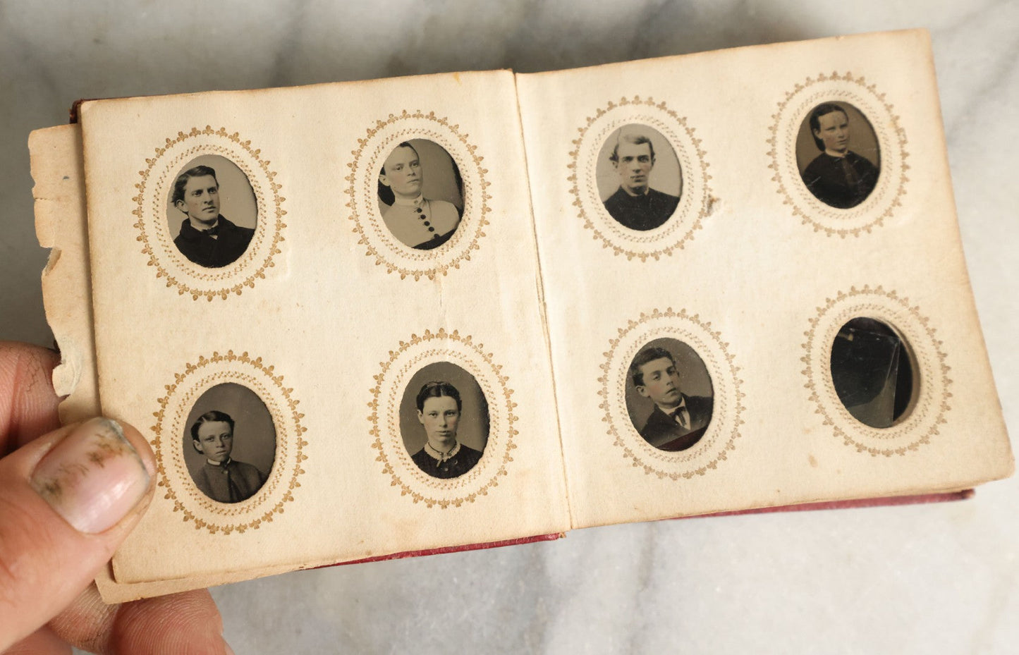 Lot 057 - Antique Gem Tintype Photo Album With 91 Tintype Photographs Of Men, Women And Children, Handwritten Note States "From The Colby Home On Colby Road"