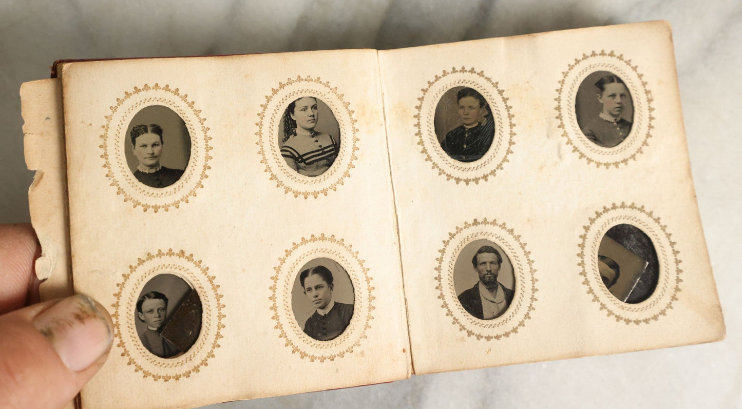 Lot 057 - Antique Gem Tintype Photo Album With 91 Tintype Photographs Of Men, Women And Children, Handwritten Note States "From The Colby Home On Colby Road"