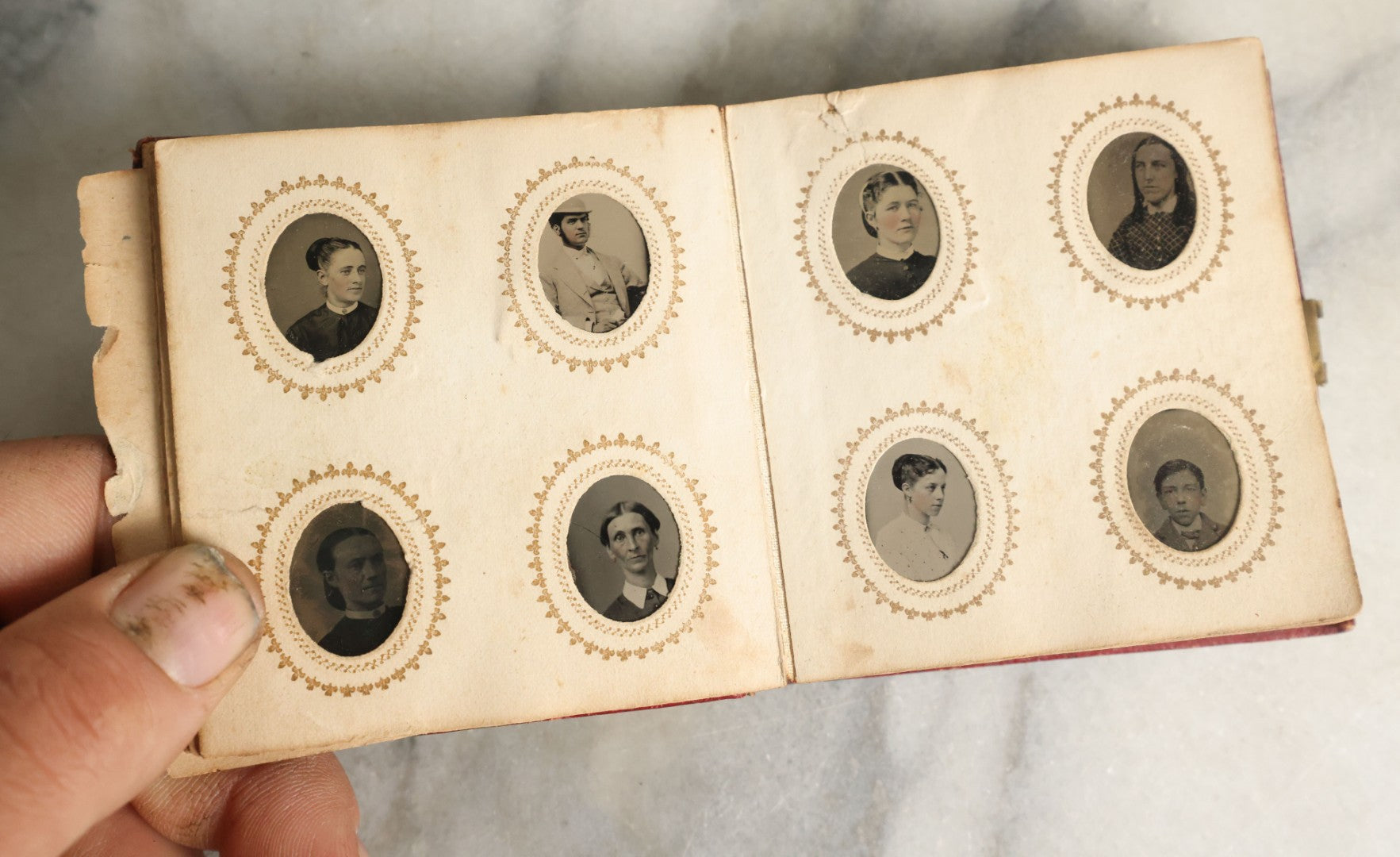 Lot 057 - Antique Gem Tintype Photo Album With 91 Tintype Photographs Of Men, Women And Children, Handwritten Note States "From The Colby Home On Colby Road"