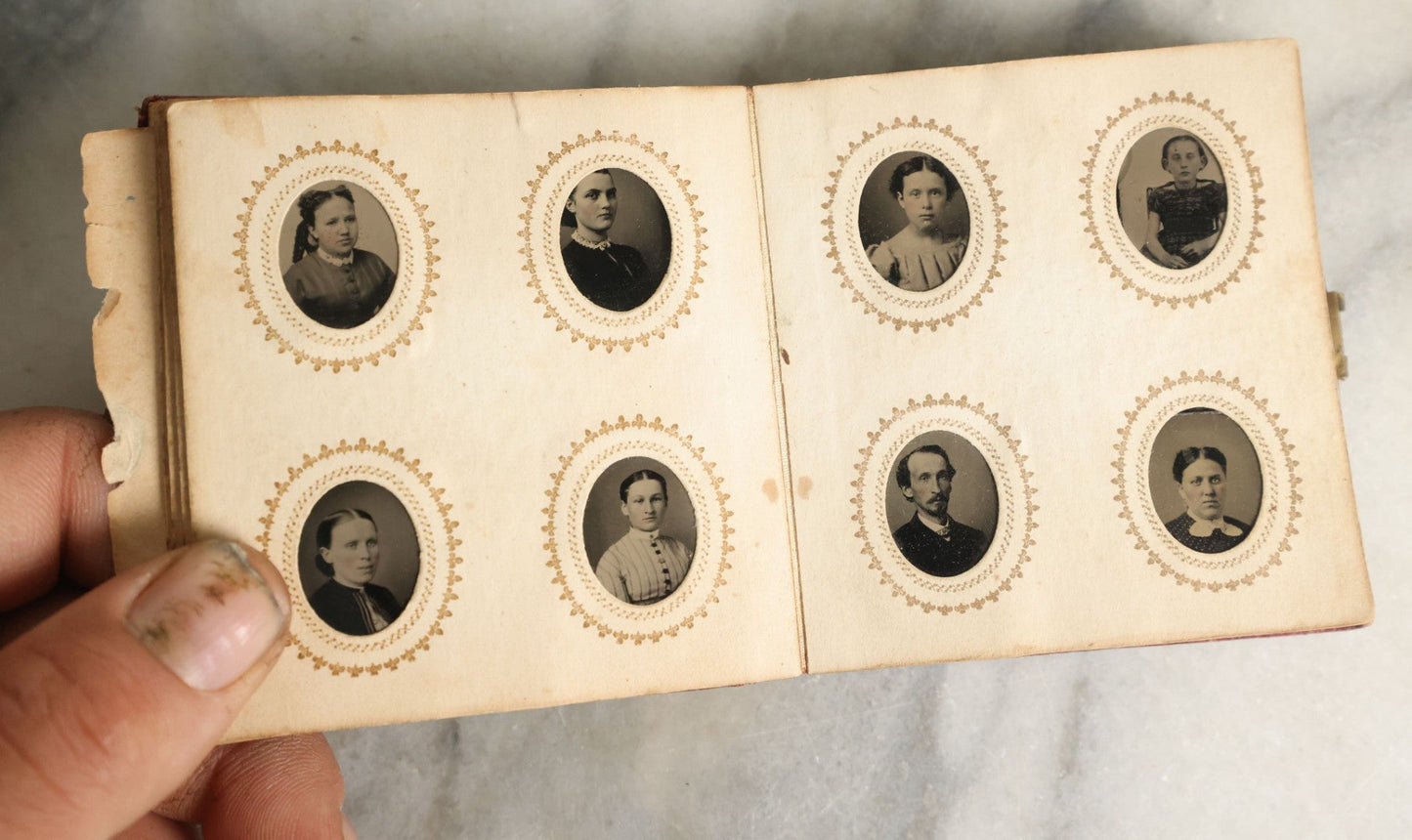 Lot 057 - Antique Gem Tintype Photo Album With 91 Tintype Photographs Of Men, Women And Children, Handwritten Note States "From The Colby Home On Colby Road"