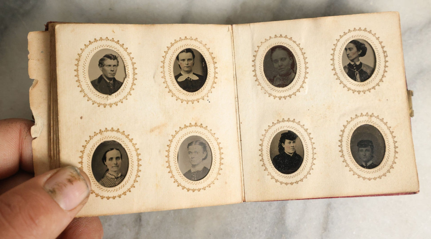 Lot 057 - Antique Gem Tintype Photo Album With 91 Tintype Photographs Of Men, Women And Children, Handwritten Note States "From The Colby Home On Colby Road"
