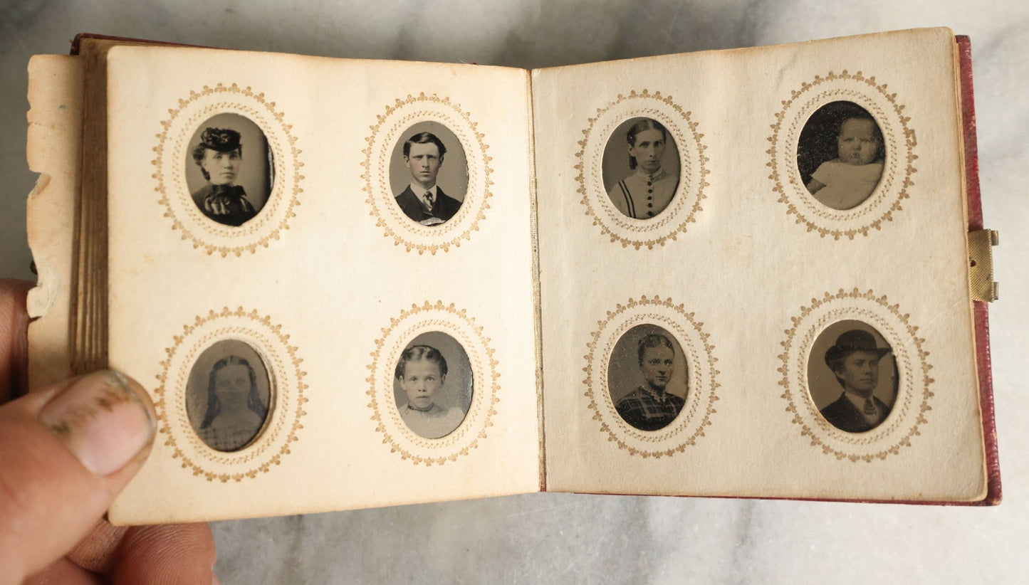 Lot 057 - Antique Gem Tintype Photo Album With 91 Tintype Photographs Of Men, Women And Children, Handwritten Note States "From The Colby Home On Colby Road"