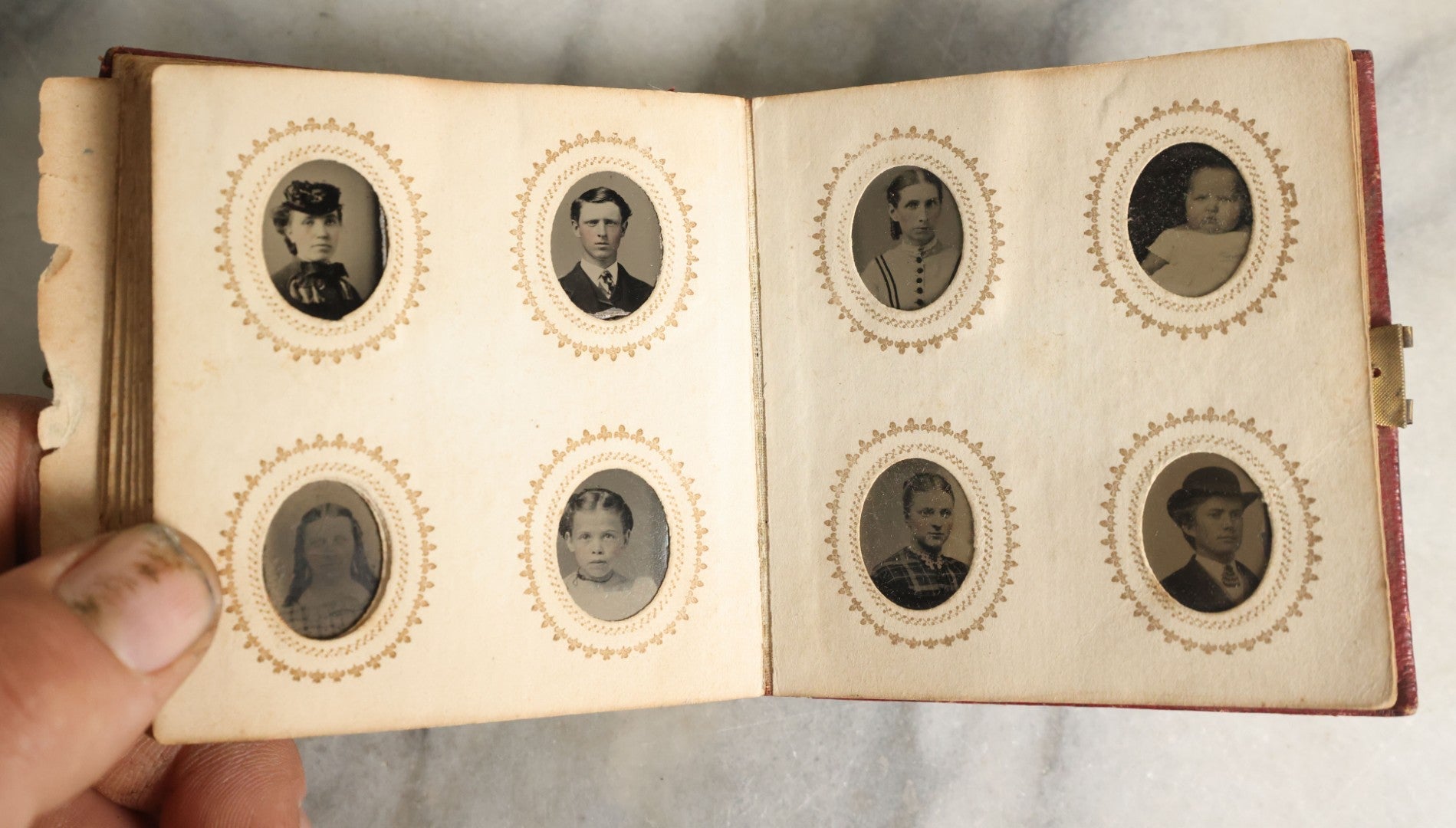 Lot 057 - Antique Gem Tintype Photo Album With 91 Tintype Photographs Of Men, Women And Children, Handwritten Note States "From The Colby Home On Colby Road"